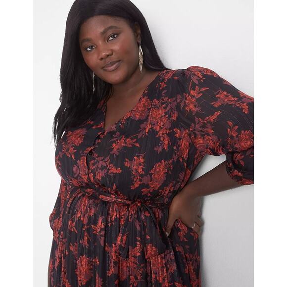 Lane Bryant red black floral Romantic 3/4-Sleeve Button-Down Maxi Dress sz 16 - Picture 3 of 10